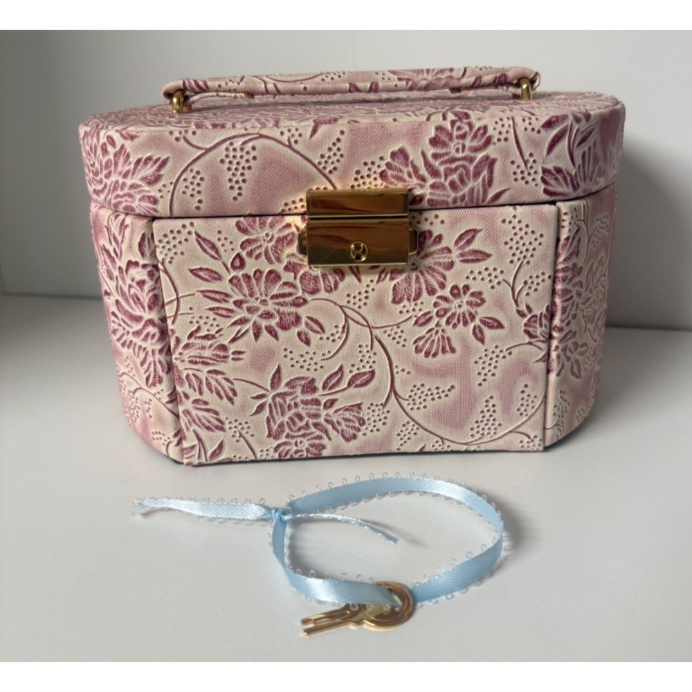 Vintage Floral Pink Jewelry/Trinket Travel Case w/Lock & Key
